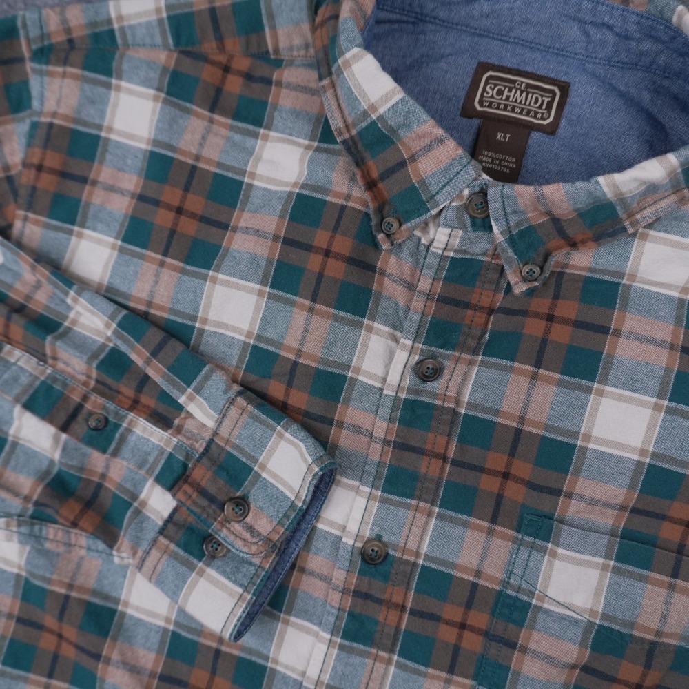 C.E. Schmidt Flannel Shirt Mens XLT Green Brown Plaid Long Sleeve Workwear